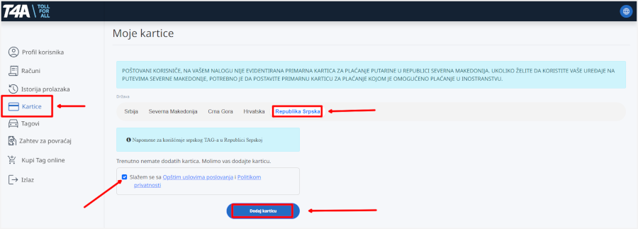Izgled i lokacija opcija opisanih u uputstvu na Toll for all (T4A) portalu