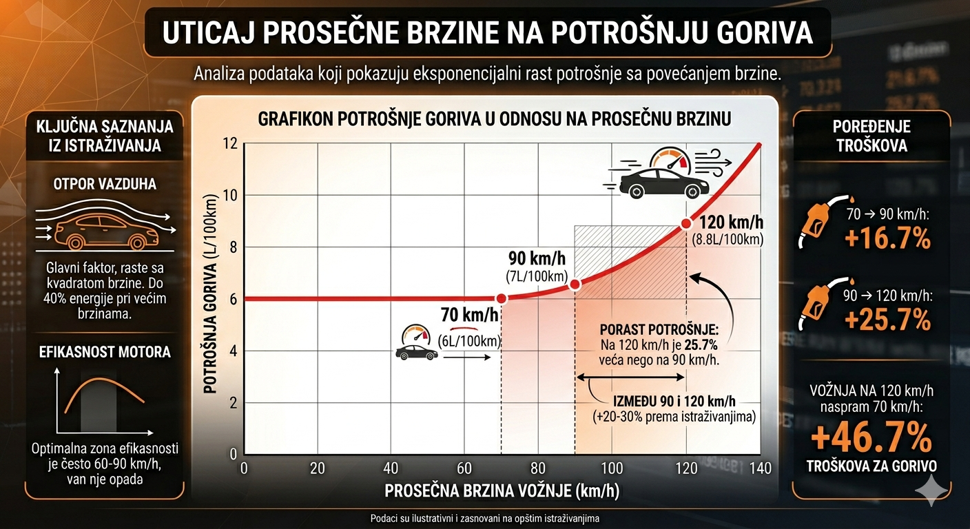 Grafički prikaz kako putna brzina utiče na potrosnju goriva jednog putničkog vozila sa benzinskim motorom